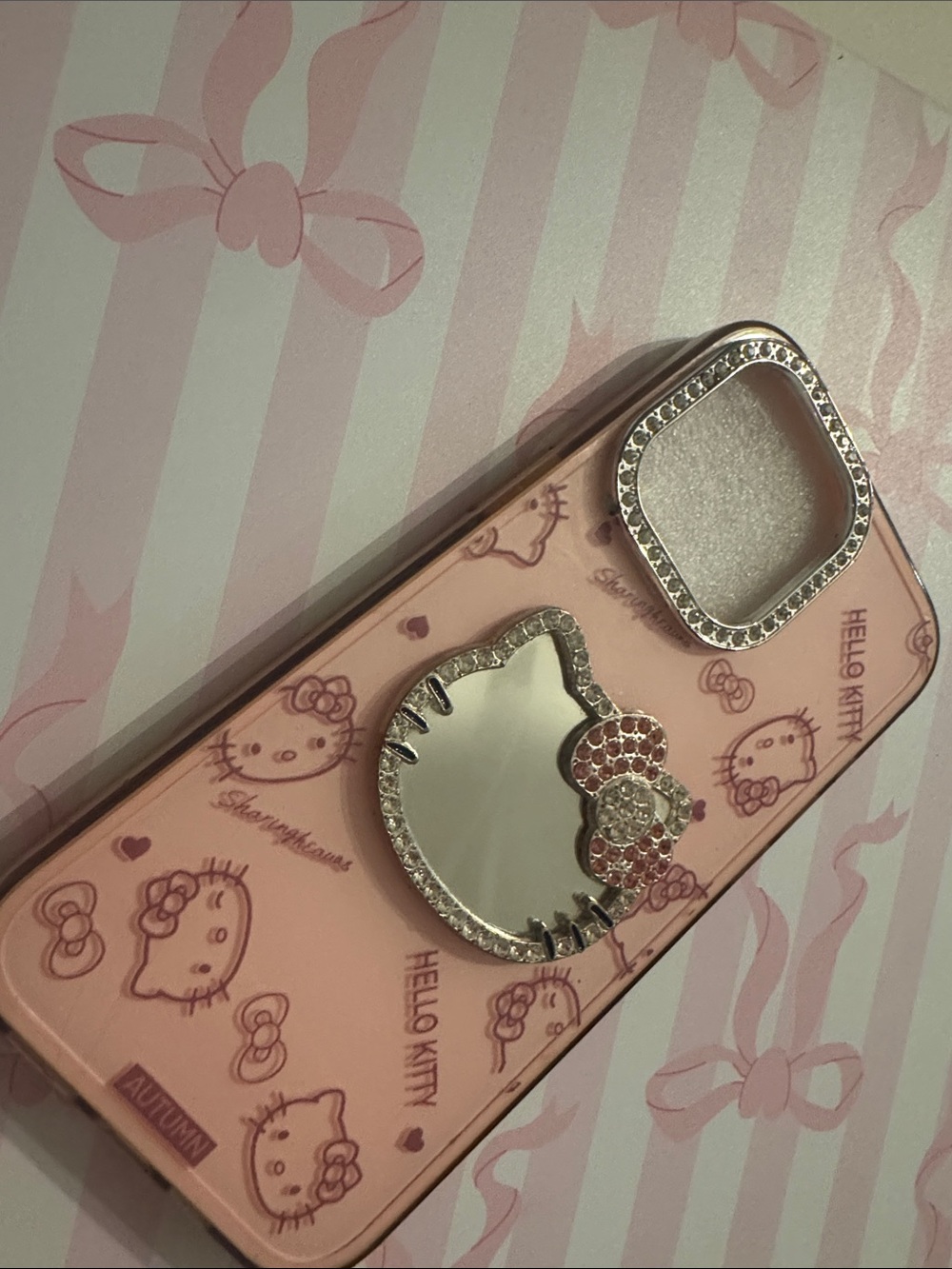 Hello Kitty Pink Rhinestone Mirror Phone Case with Jeweled Bow iPhone 15 Pro Max